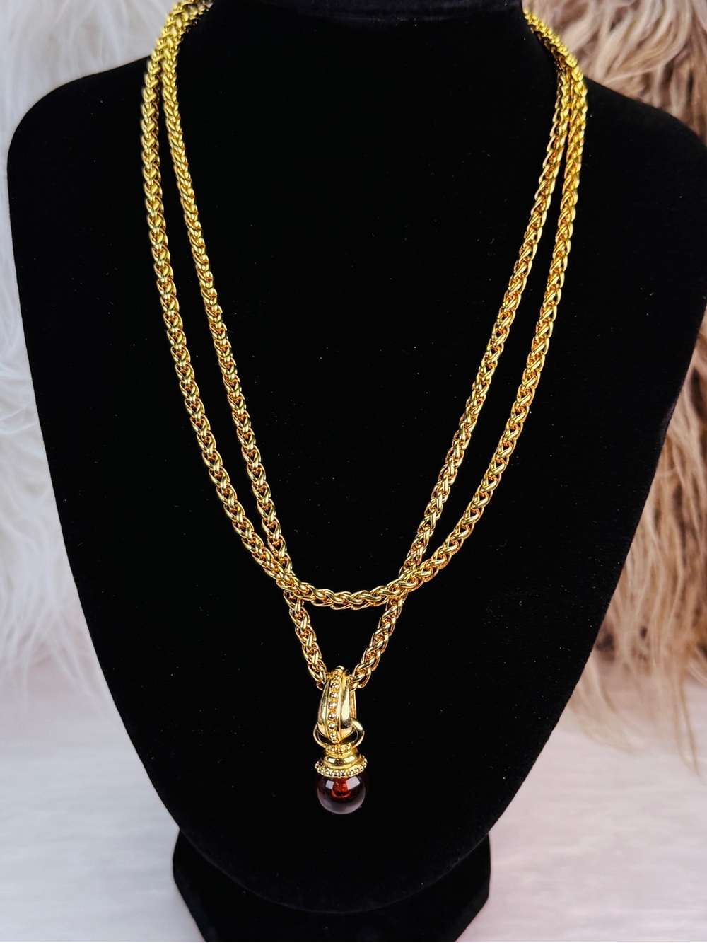Joan Rivers Gold Tone Long Chain Red Drop Pendant Signed Statement Necklace